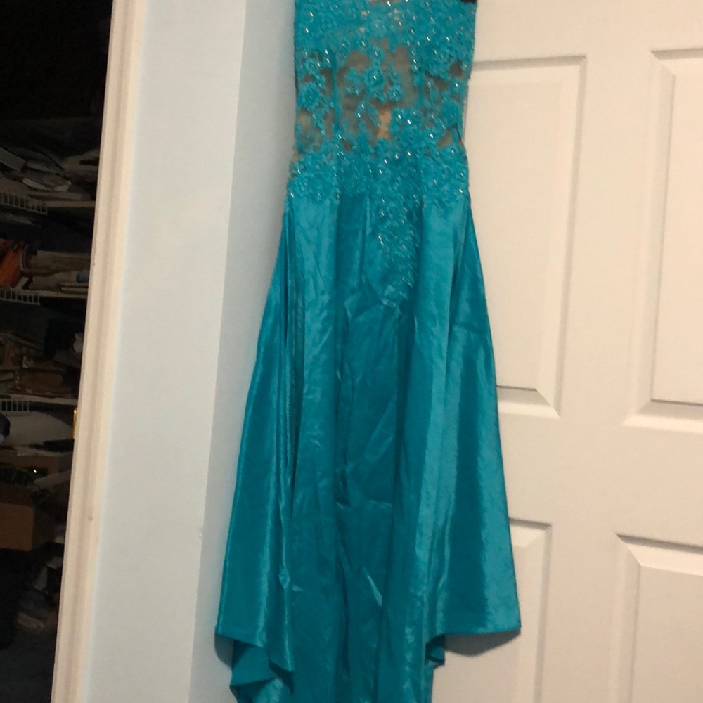 Long dress with beaded mesh top and slit